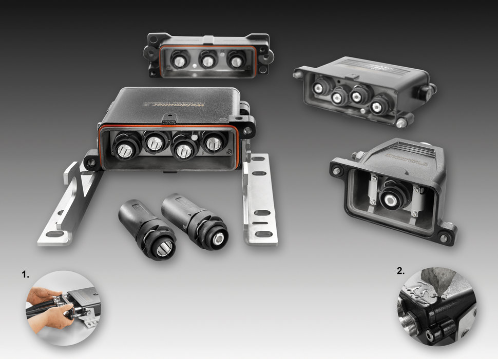 Weidmüller's RockStar® HighPower 250 A – one to four-pole high current connectors with crimp connection technology for 250 A and up to 4000 V. – Newly developed bulkhead housing with rapid assembly frame. – Modular design across the whole system facilitates a large number of different connectors.